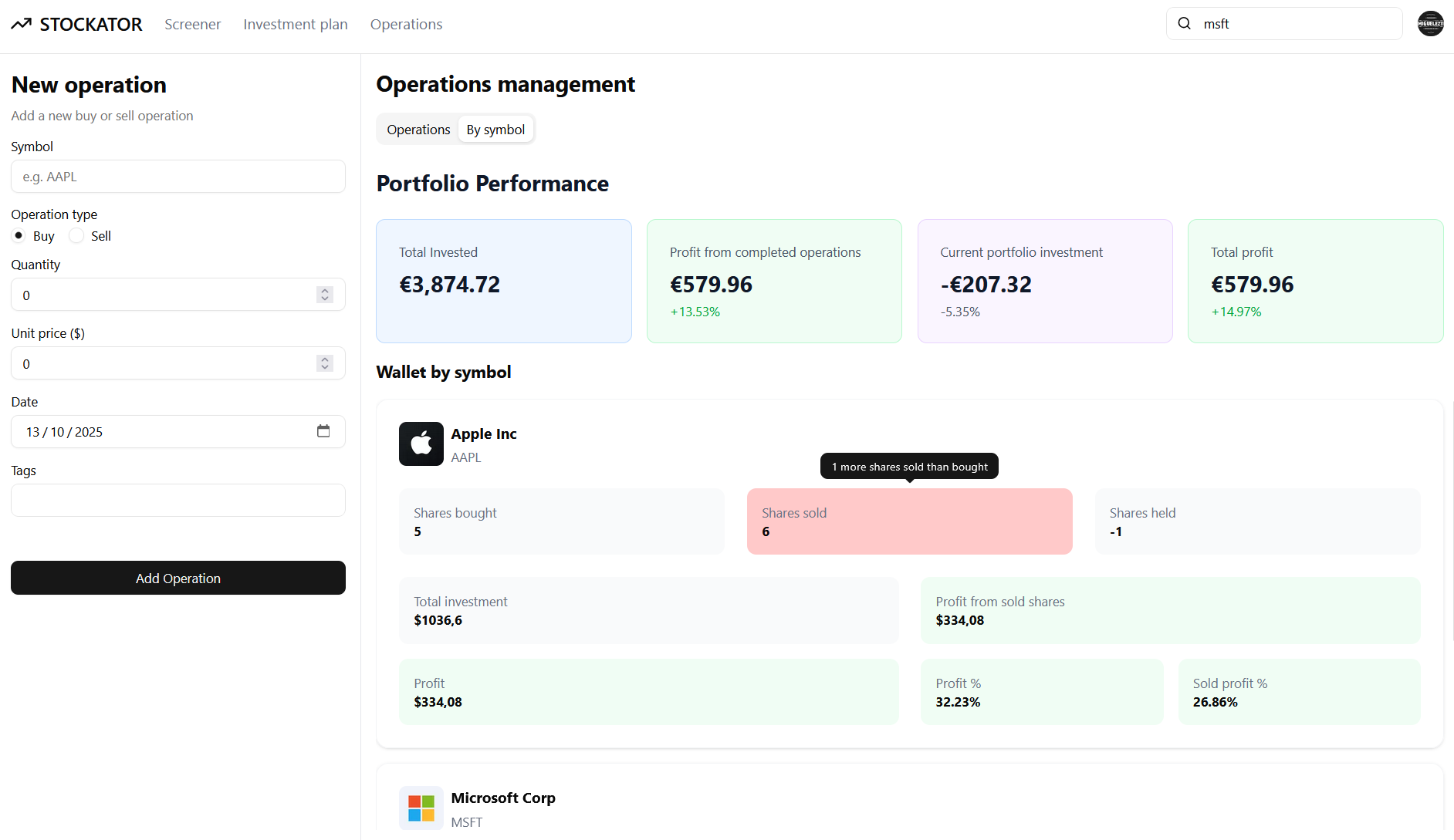 Stockator portfolio by stock